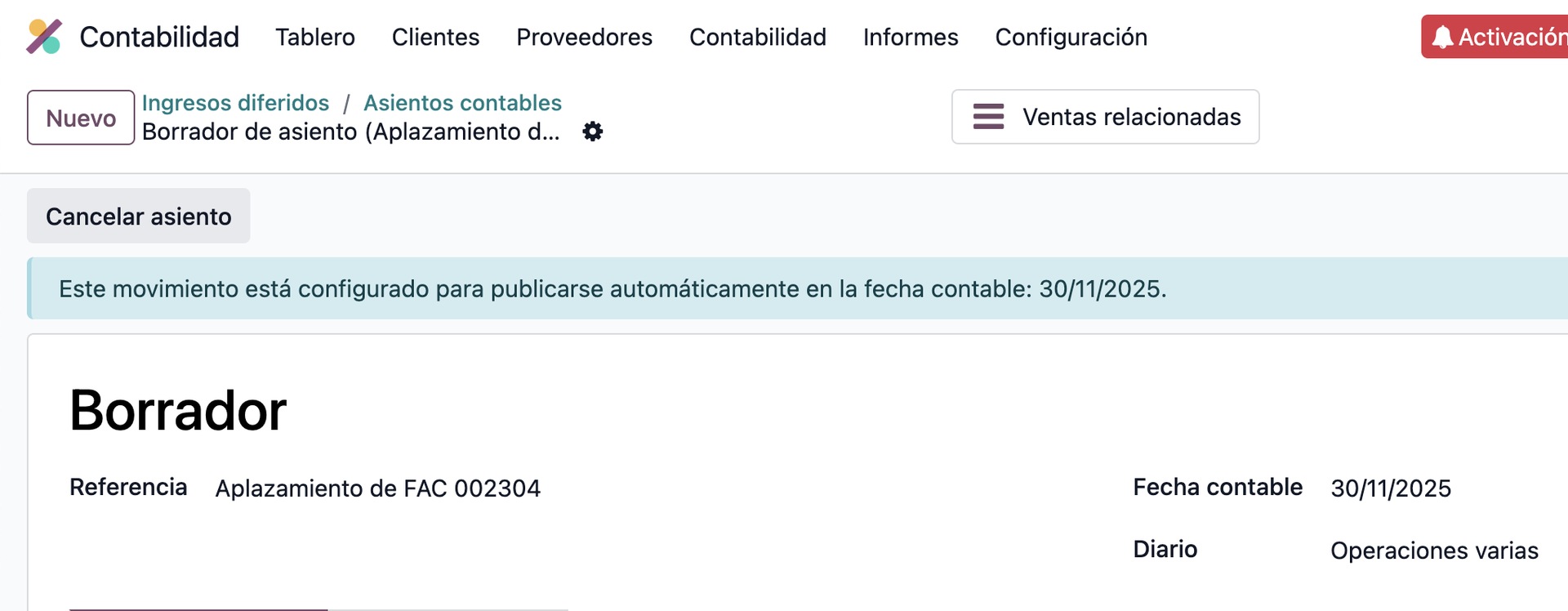ingresos diferidos en odoo