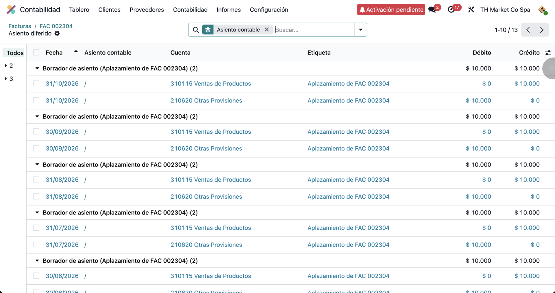 ingresos diferidos en odoo